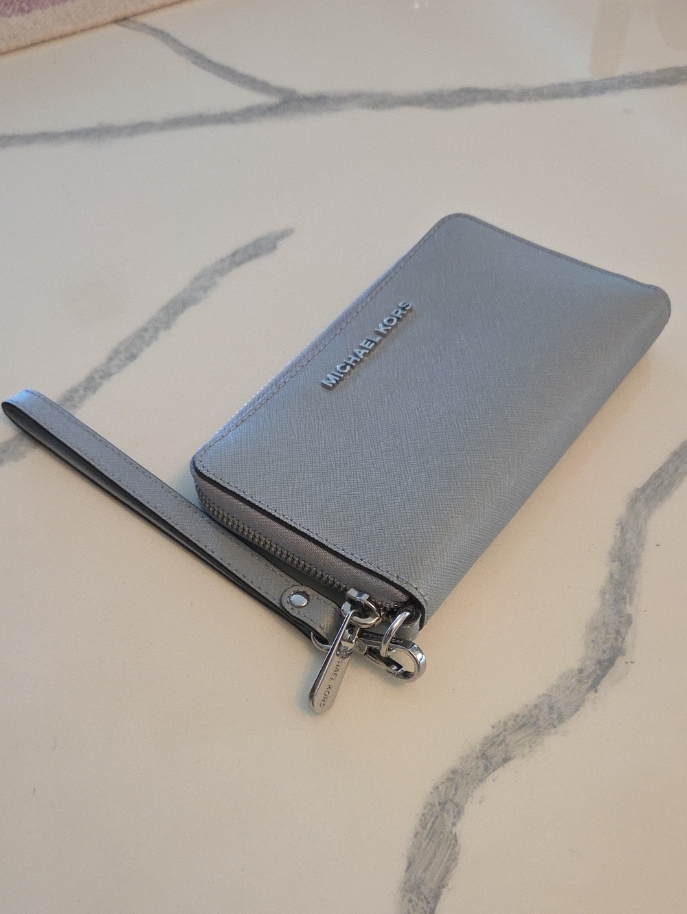 Michael Kors Gray Saffiano Leather Wristlet with Silver Hardware